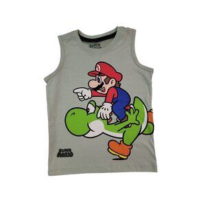 Super Mario Boys Tank Top Sleeveless Shirt Gray With Mario & Yoshi Print Size 5-